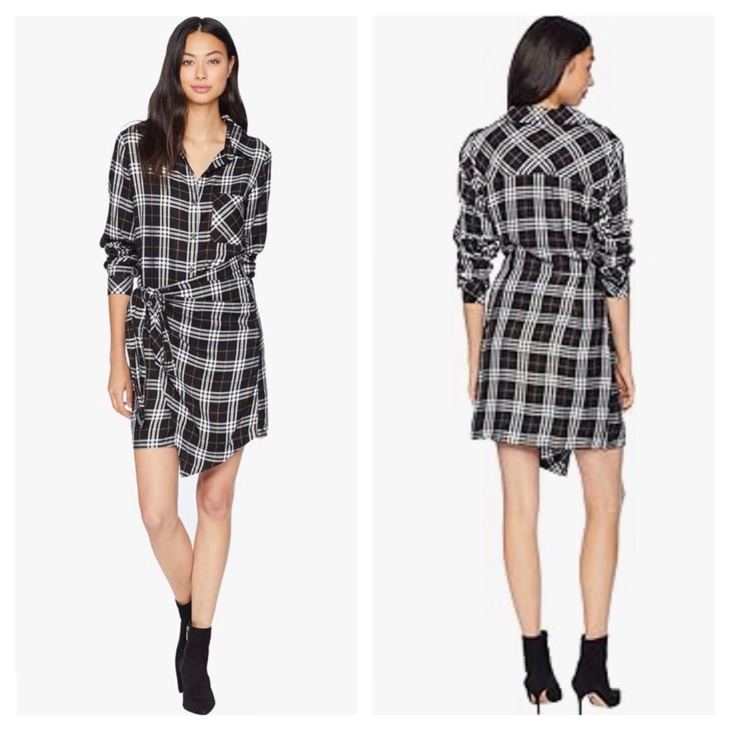 Sanctuary Black Plaid Flannel Button Down Wrap Front Shirt Dress Size S Grunge